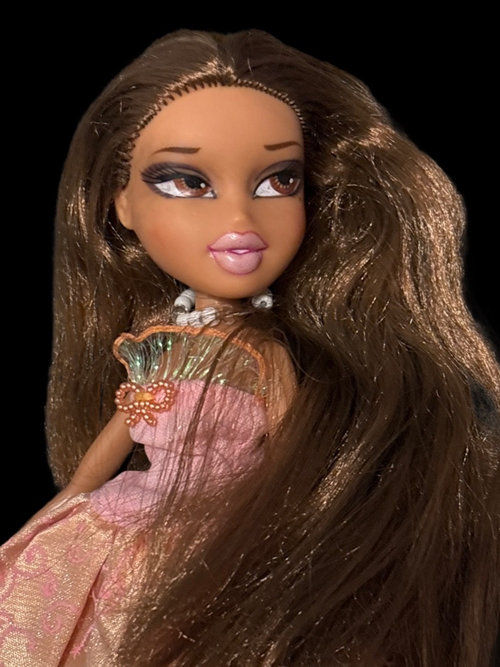 Brunette Bratz Fashion Doll with Pink and Gold Dress
